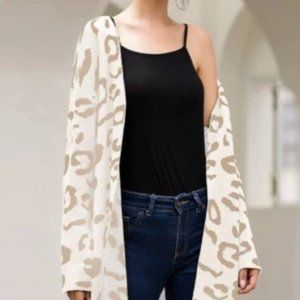 Beige Leopard Print Open-Front Cardigan Sweater